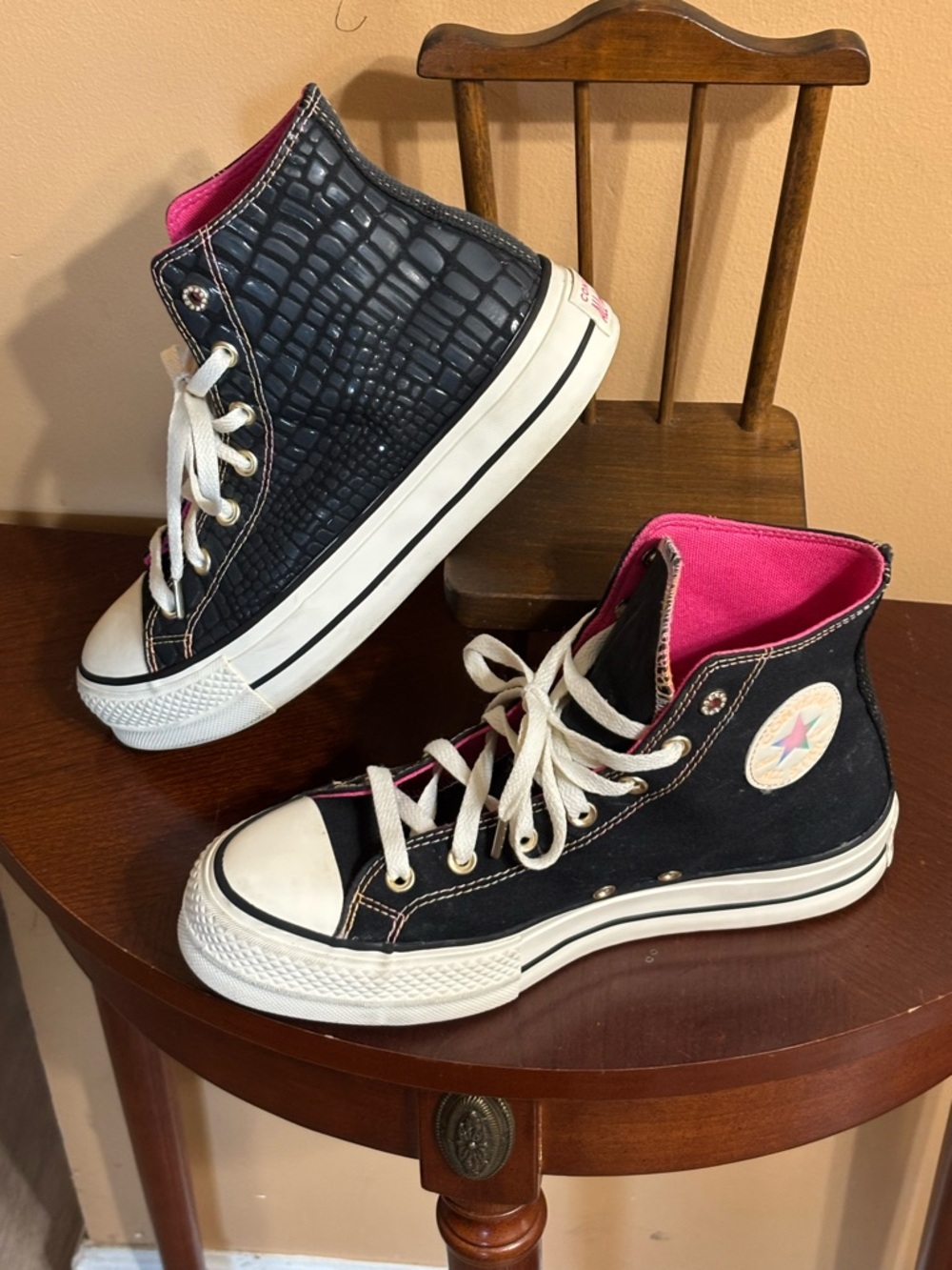Converse All Star Lift 9.5 Womens Platform Leather High Shoes Black Pink A06864C